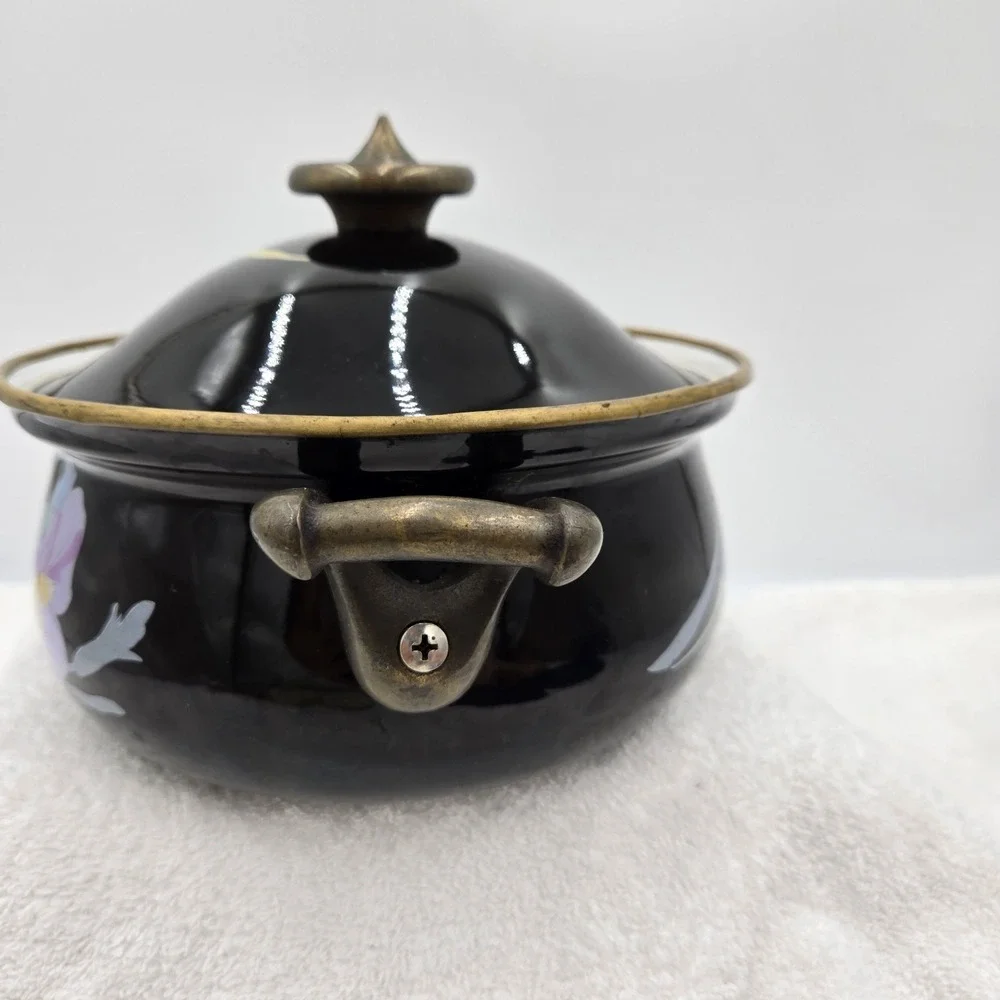 Vtg Mikasa Grande Chef UN710 Charisma Black Enamel Pot Cookware Iris Floral